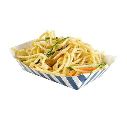 Bio Tek 4 oz Blue and White Stripe Paper #25 Food Tray / Boat - 3" x 2" x 1" - 50 count box