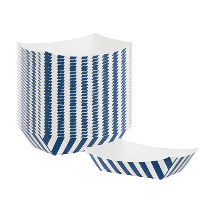 Bio Tek 4 oz Blue and White Stripe Paper #25 Food Tray / Boat - 3" x 2" x 1" - 50 count box