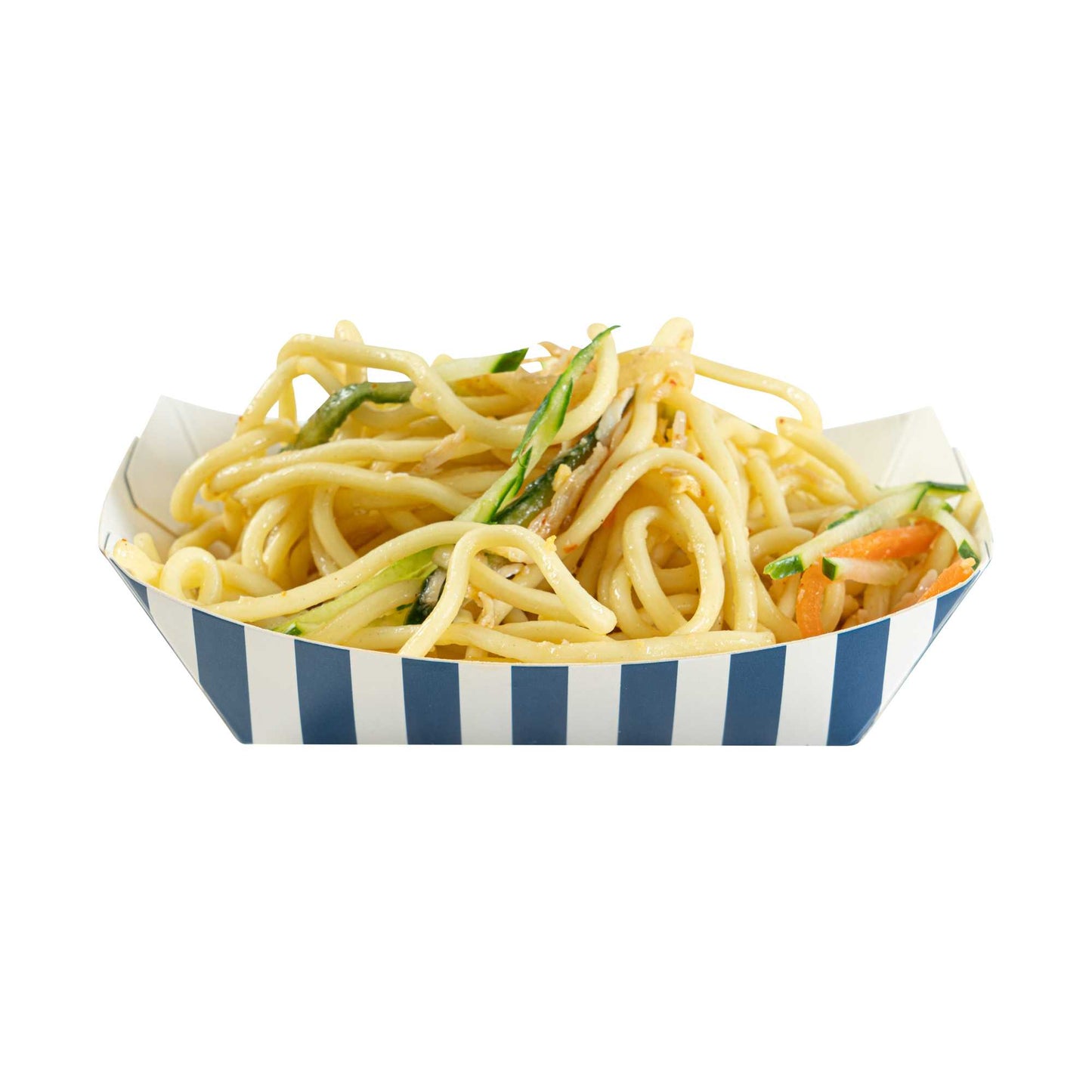 Bio Tek 4 oz Blue and White Stripe Paper #25 Food Tray / Boat - 3" x 2" x 1" - 50 count box