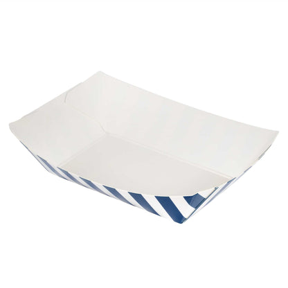 Bio Tek 4 oz Blue and White Stripe Paper #25 Food Tray / Boat - 3" x 2" x 1" - 50 count box