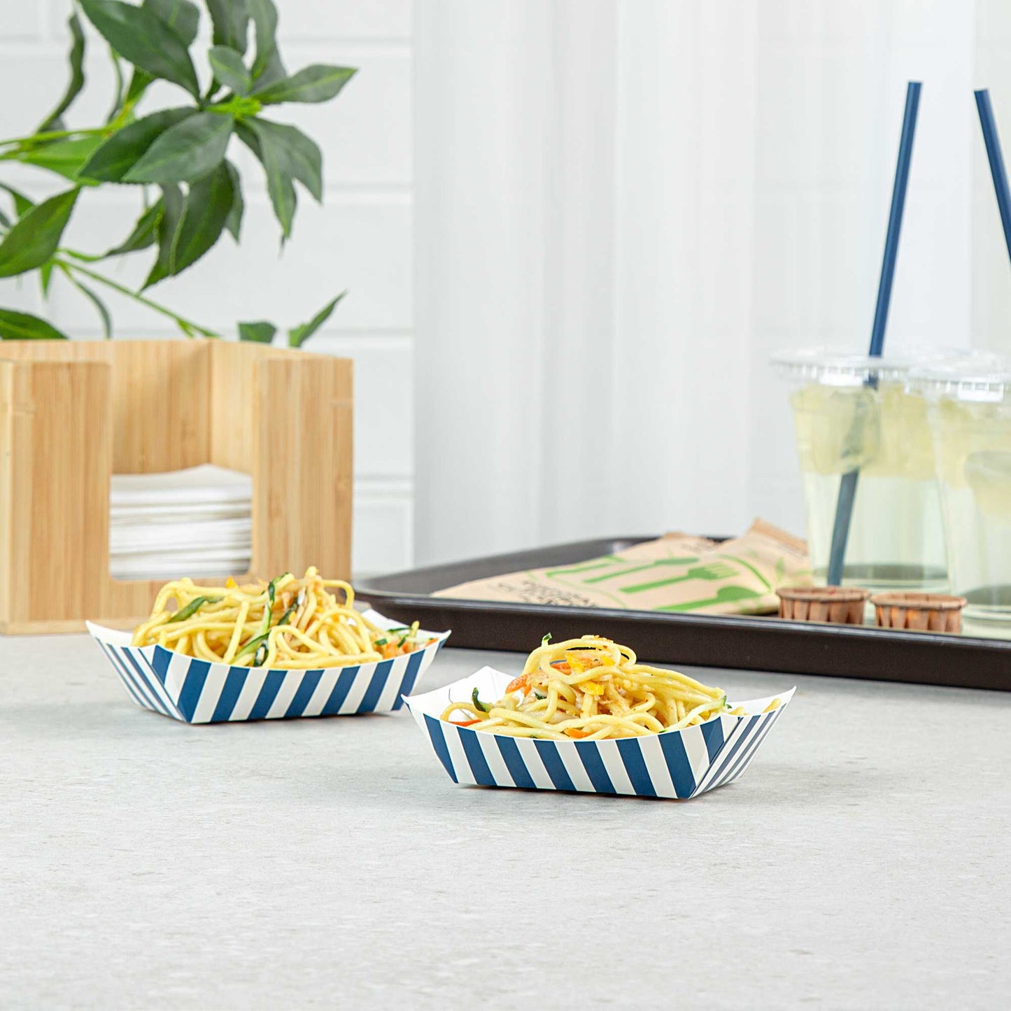 Bio Tek 4 oz Blue and White Stripe Paper #25 Food Tray / Boat - 3" x 2" x 1" - 50 count box