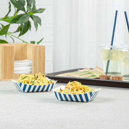 Bio Tek 4 oz Blue and White Stripe Paper #25 Food Tray / Boat - 3" x 2" x 1" - 50 count box