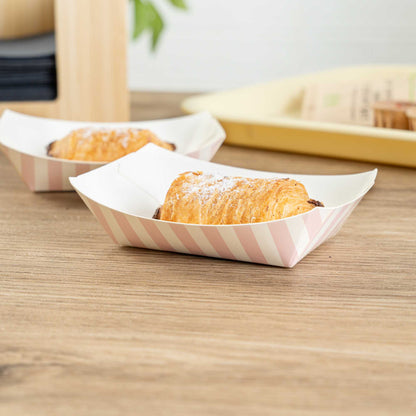 Bio Tek 4 oz Pink and White Stripe Paper #25 Food Tray / Boat - 3" x 2" x 1" - 50 count box