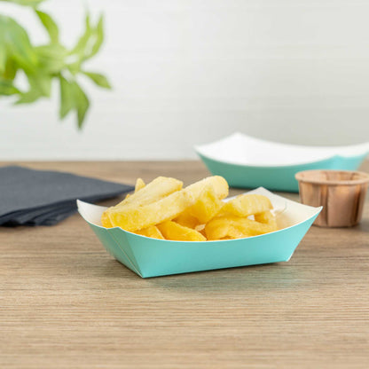 Bio Tek 4 oz Turquoise Paper #25 Food Tray / Boat - 3" x 2" x 1" - 50 count box