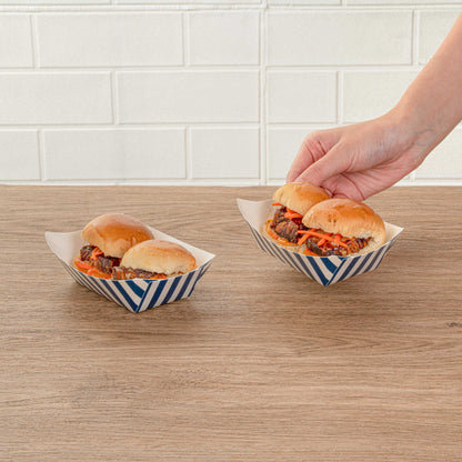Bio Tek 6 oz Blue and White Stripe Paper #40 Food Tray / Boat - 5" x 4" x 1 1/2" - 400 count box