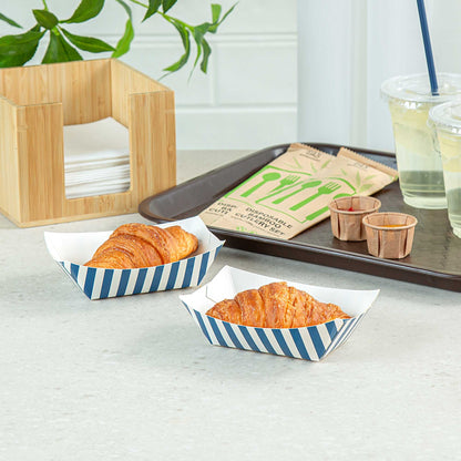 Bio Tek 6 oz Blue and White Stripe Paper #40 Food Tray / Boat - 5" x 4" x 1 1/2" - 400 count box
