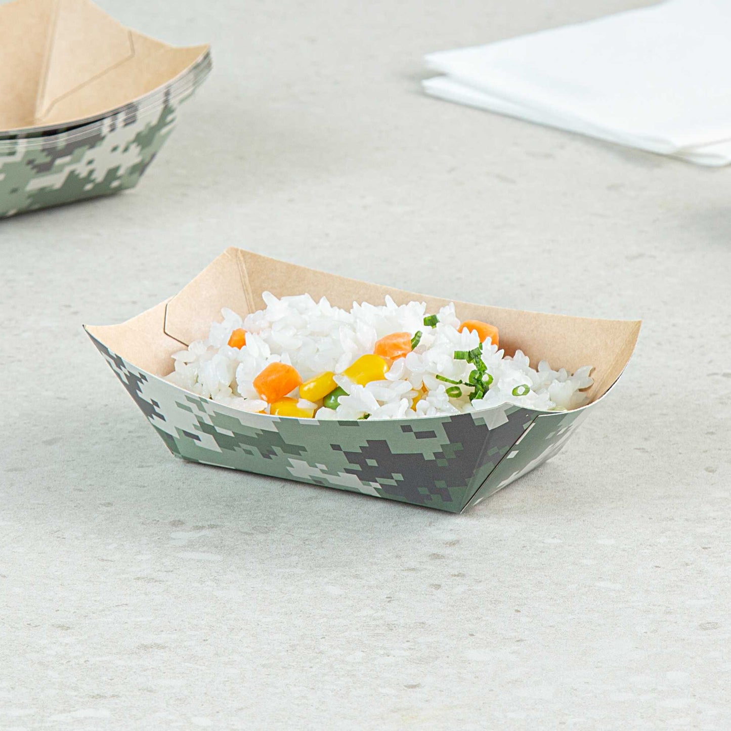 Bio Tek 6 oz Camouflage Paper #40 Food Tray / Boat - 5" x 4" x 1 1/2" - 50 count box