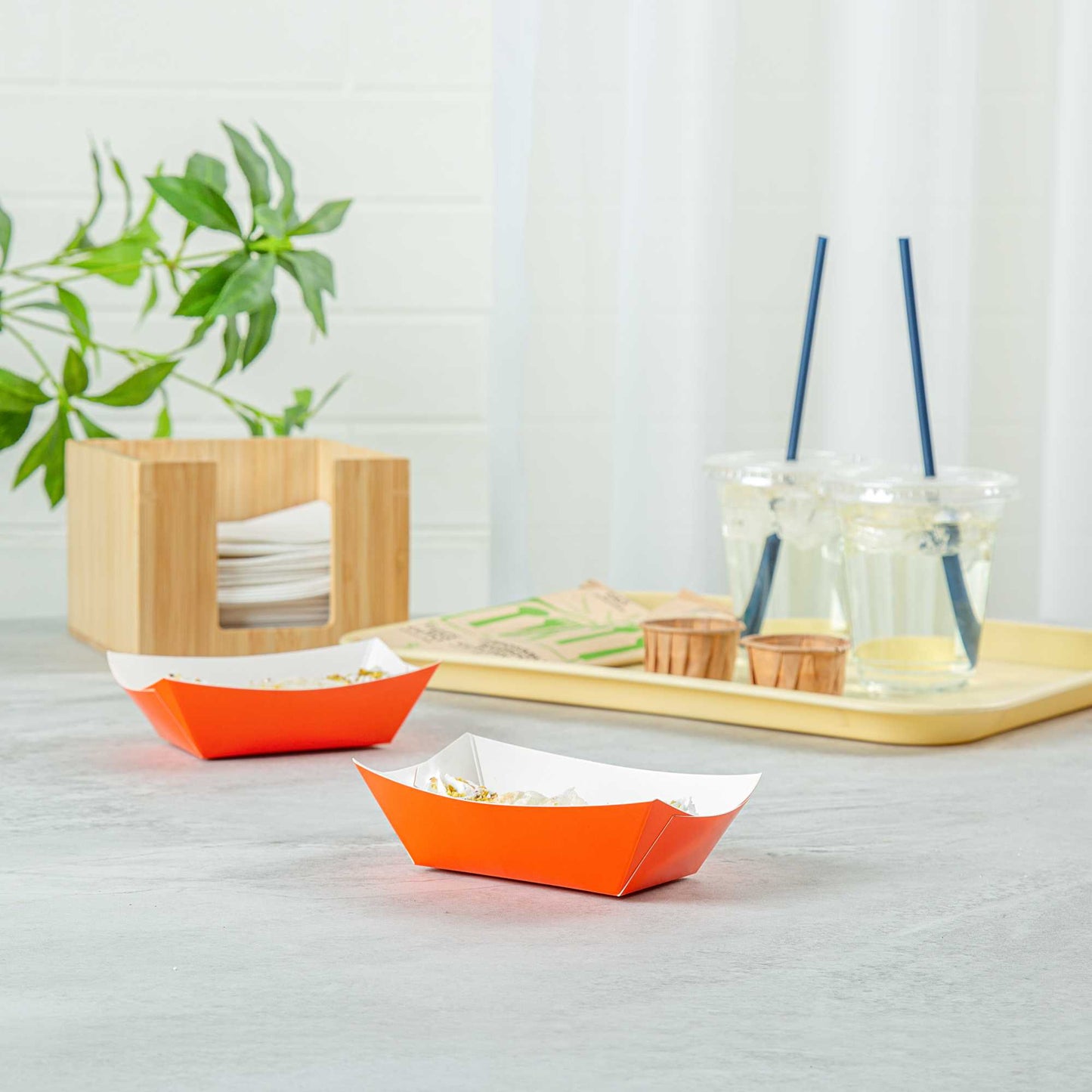 Bio Tek 6 oz Tangerine Orange Paper #40 Food Tray / Boat - 5" x 4" x 1 1/2" - 400 count box