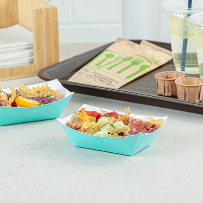 Bio Tek 6 oz Turquoise Paper #40 Food Tray / Boat - 5" x 4" x 1 1/2" - 50 count box