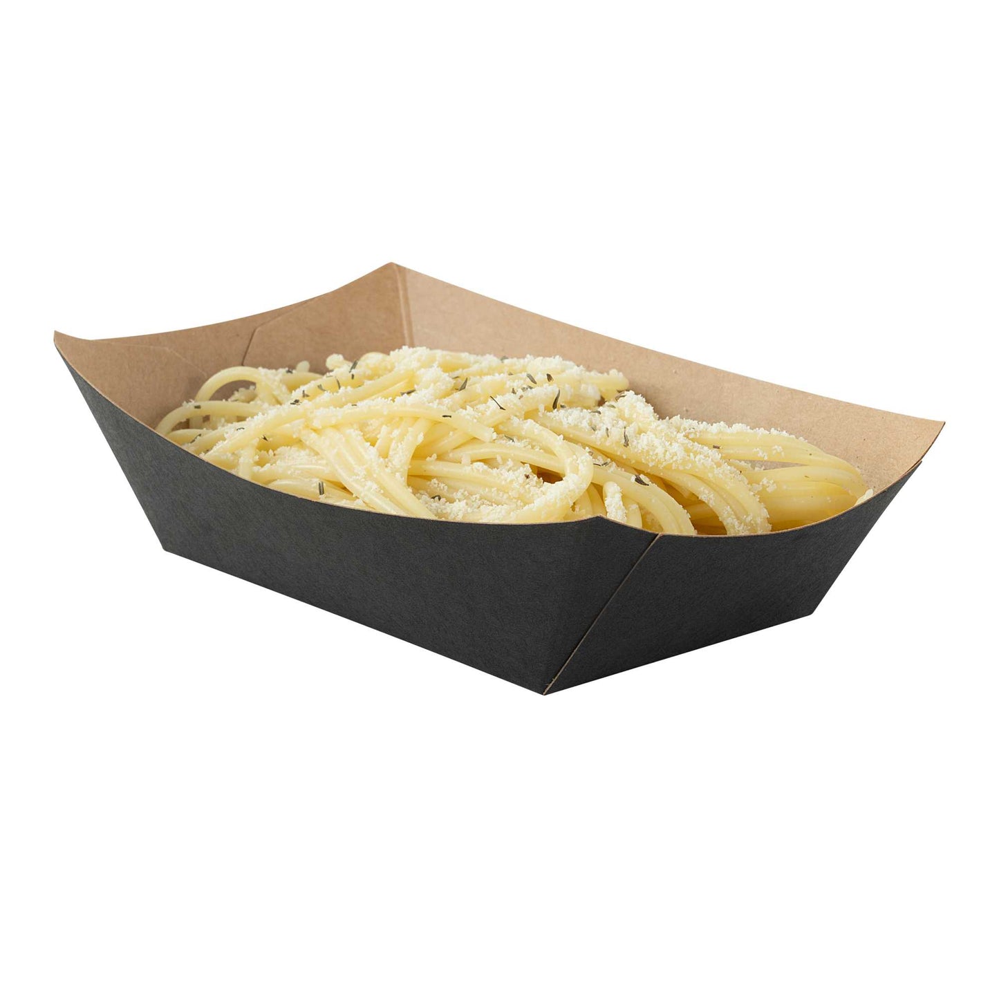 Bio Tek 1/2 lb Black Paper #50 Food Tray / Boat - 4 1/4" x 2 3/4" x 1 1/2" - 400 count box