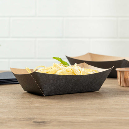 Bio Tek 1/2 lb Black Paper #50 Food Tray / Boat - 4 1/4" x 2 3/4" x 1 1/2" - 50 count box