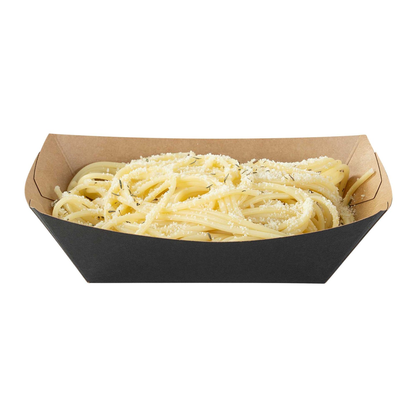 Bio Tek 1/2 lb Black Paper #50 Food Tray / Boat - 4 1/4" x 2 3/4" x 1 1/2" - 400 count box