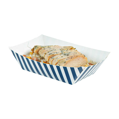 Bio Tek 1/2 lb Blue and White Stripe Paper #50 Food Tray / Boat - 4 1/4" x 2 3/4" x 1 1/2" - 50 count box