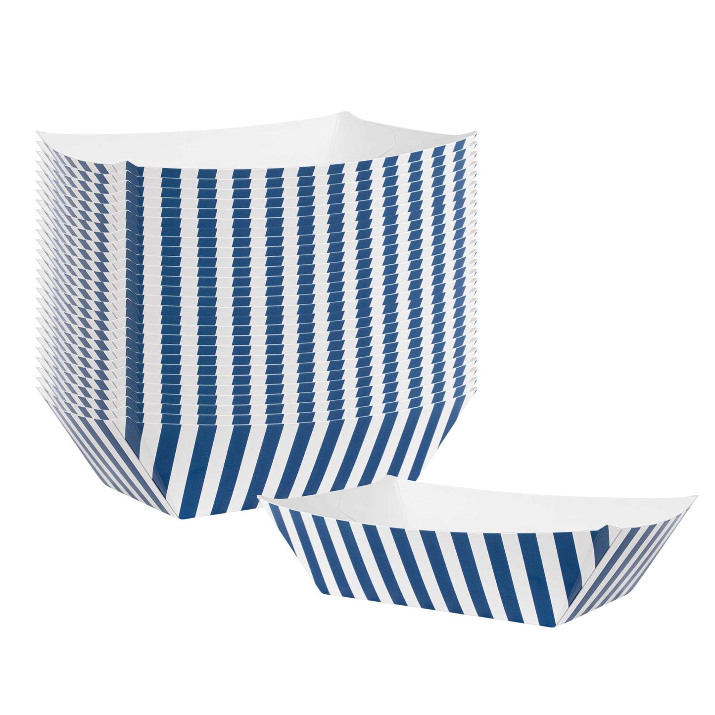 Bio Tek 1/2 lb Blue and White Stripe Paper #50 Food Tray / Boat - 4 1/4" x 2 3/4" x 1 1/2" - 50 count box
