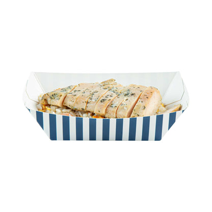 Bio Tek 1/2 lb Blue and White Stripe Paper #50 Food Tray / Boat - 4 1/4" x 2 3/4" x 1 1/2" - 50 count box