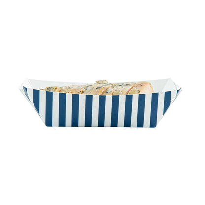 Bio Tek 1/2 lb Blue and White Stripe Paper #50 Food Tray / Boat - 4 1/4" x 2 3/4" x 1 1/2" - 50 count box