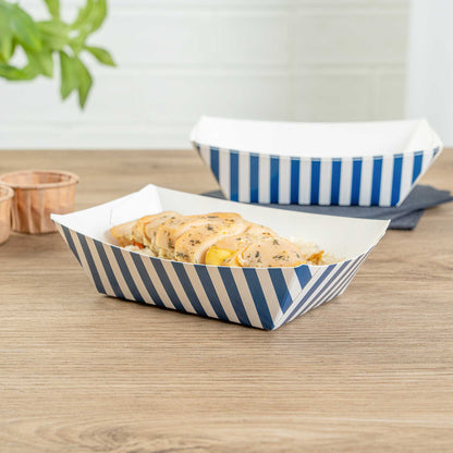 Bio Tek 1/2 lb Blue and White Stripe Paper #50 Food Tray / Boat - 4 1/4" x 2 3/4" x 1 1/2" - 50 count box