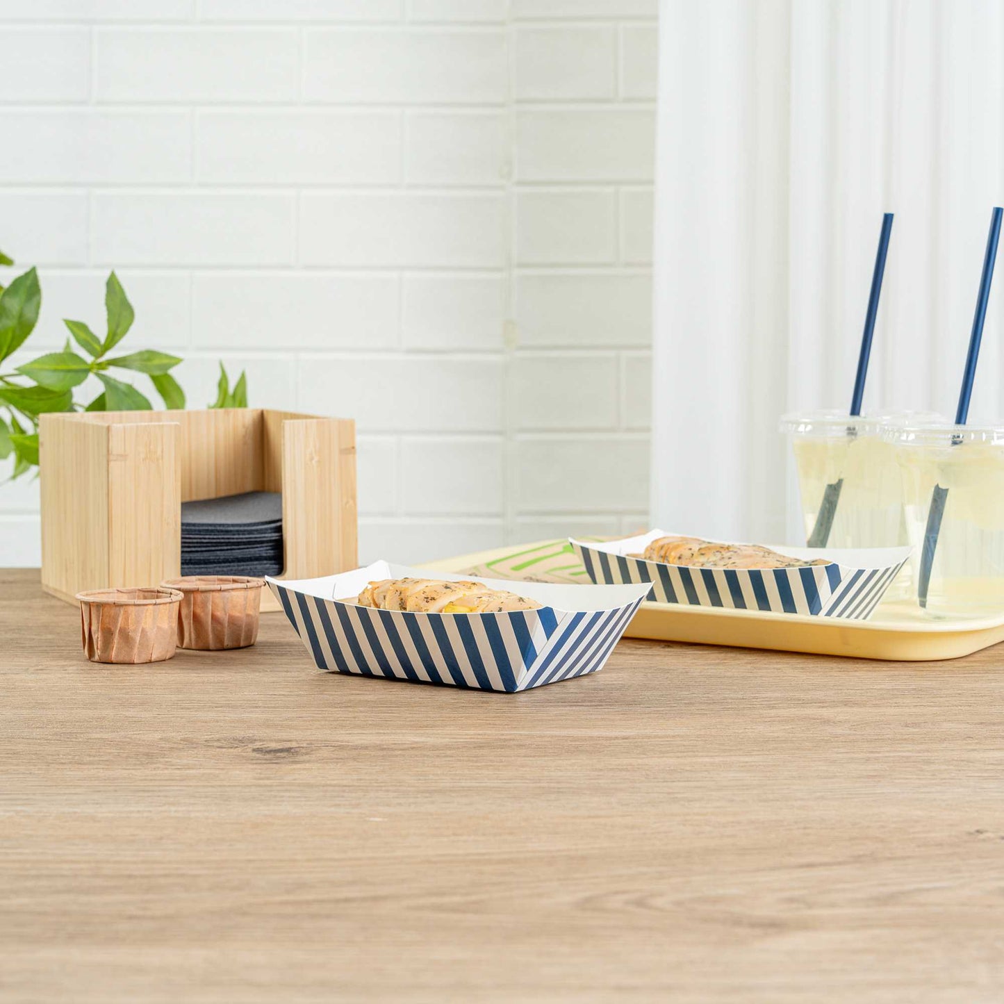 Bio Tek 1/2 lb Blue and White Stripe Paper #50 Food Tray / Boat - 4 1/4" x 2 3/4" x 1 1/2" - 50 count box