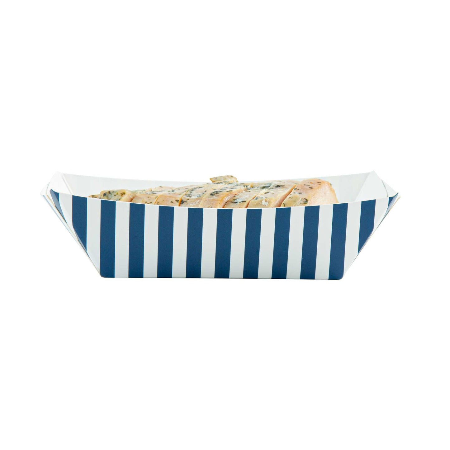 Bio Tek 1/2 lb Blue and White Stripe Paper #50 Food Tray / Boat - 4 1/4" x 2 3/4" x 1 1/2" - 400 count box