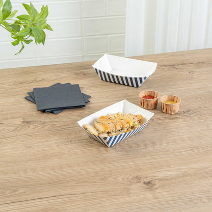 Bio Tek 1/2 lb Blue and White Stripe Paper #50 Food Tray / Boat - 4 1/4" x 2 3/4" x 1 1/2" - 400 count box