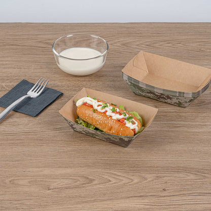 Bio Tek 1/2 lb Camouflage Paper #50 Food Tray / Boat - 4 1/4" x 2 3/4" x 1 1/2" - 400 count box