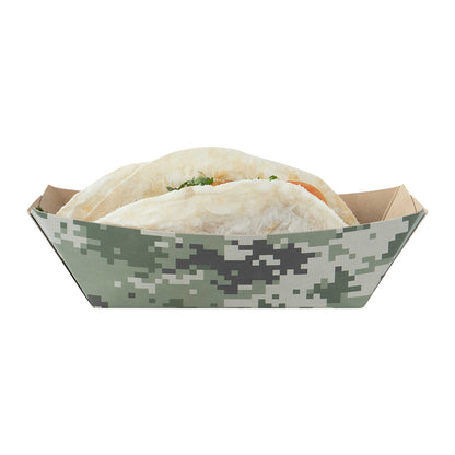 Bio Tek 1/2 lb Camouflage Paper #50 Food Tray / Boat - 4 1/4" x 2 3/4" x 1 1/2" - 50 count box