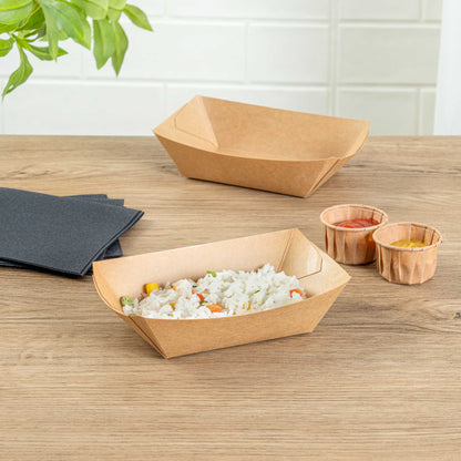 Bio Tek 1/2 lb Kraft Paper #50 Food Tray / Boat - 4 1/4" x 2 3/4" x 1 1/2" - 50 count box