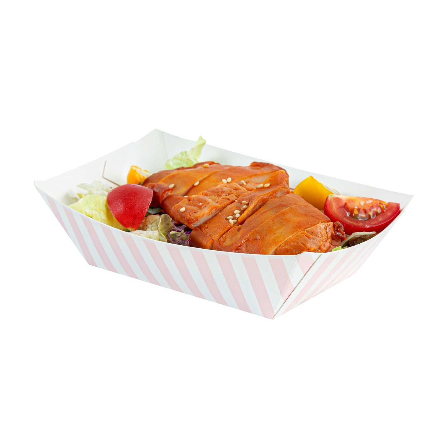 Bio Tek 1/2 lb Pink and White Stripe Paper #50 Food Tray / Boat - 4 1/4" x 2 3/4" x 1 1/2" - 50 count box