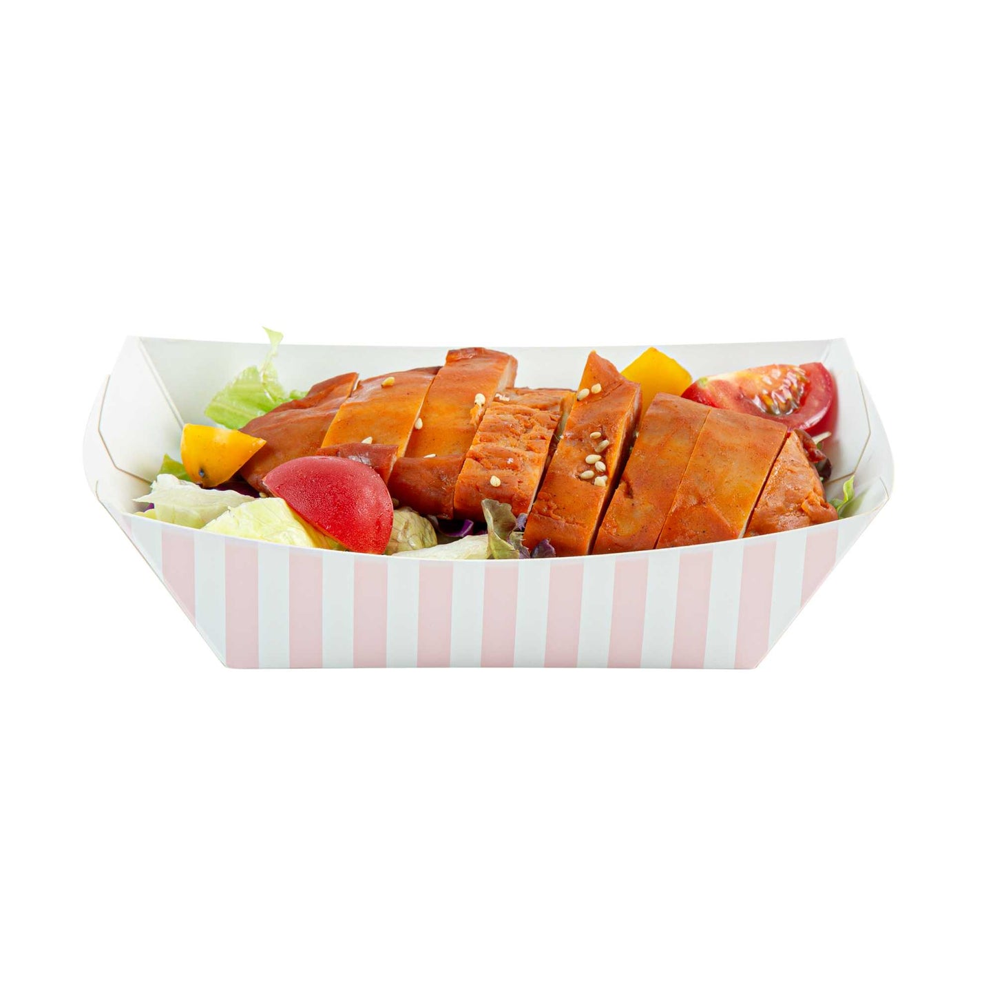 Bio Tek 1/2 lb Pink and White Stripe Paper #50 Food Tray / Boat - 4 1/4" x 2 3/4" x 1 1/2" - 50 count box