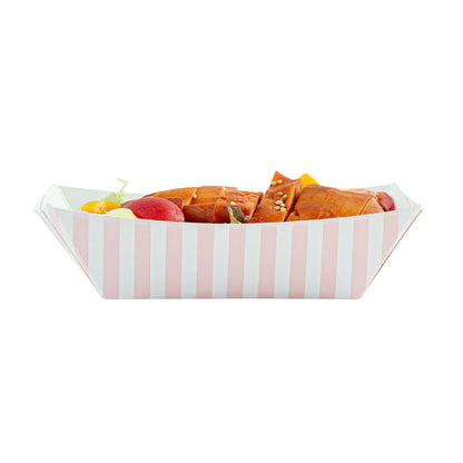 Bio Tek 1/2 lb Pink and White Stripe Paper #50 Food Tray / Boat - 4 1/4" x 2 3/4" x 1 1/2" - 50 count box