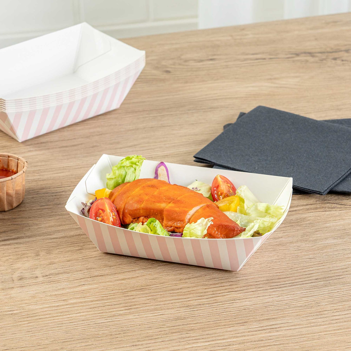 Bio Tek 1/2 lb Pink and White Stripe Paper #50 Food Tray / Boat - 4 1/4" x 2 3/4" x 1 1/2" - 50 count box