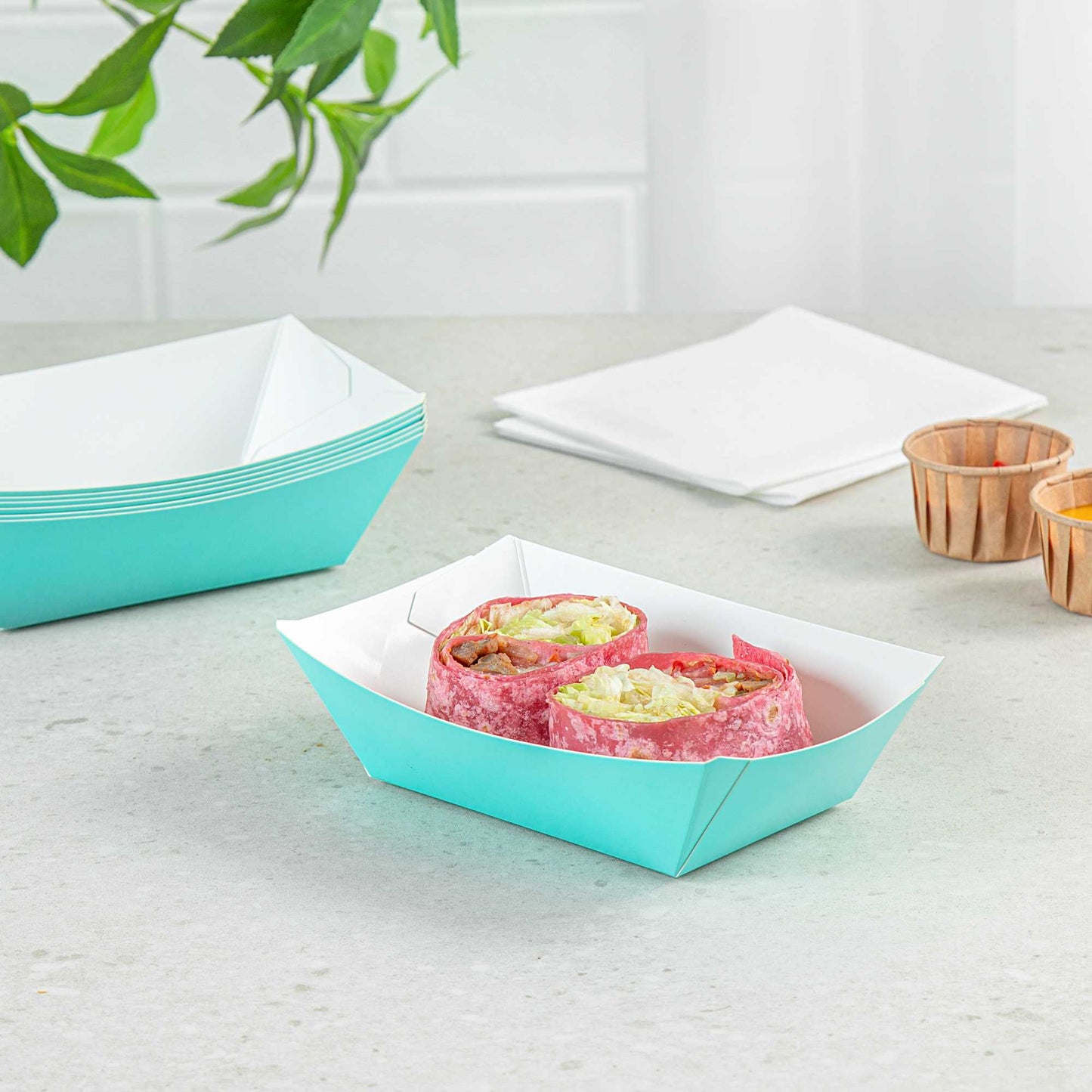 Bio Tek 1/2 lb Turquoise Paper #50 Food Tray / Boat - 4 1/4" x 2 3/4" x 1 1/2" - 50 count box