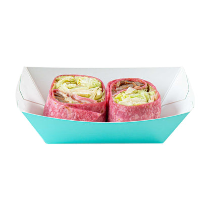 Bio Tek 1/2 lb Turquoise Paper #50 Food Tray / Boat - 4 1/4" x 2 3/4" x 1 1/2" - 50 count box