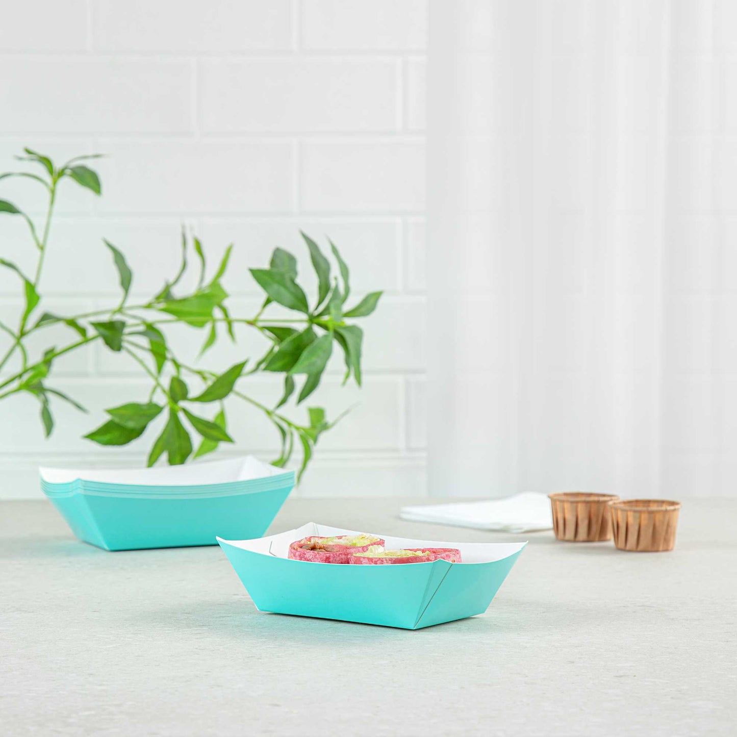 Bio Tek 1/2 lb Turquoise Paper #50 Food Tray / Boat - 4 1/4" x 2 3/4" x 1 1/2" - 50 count box