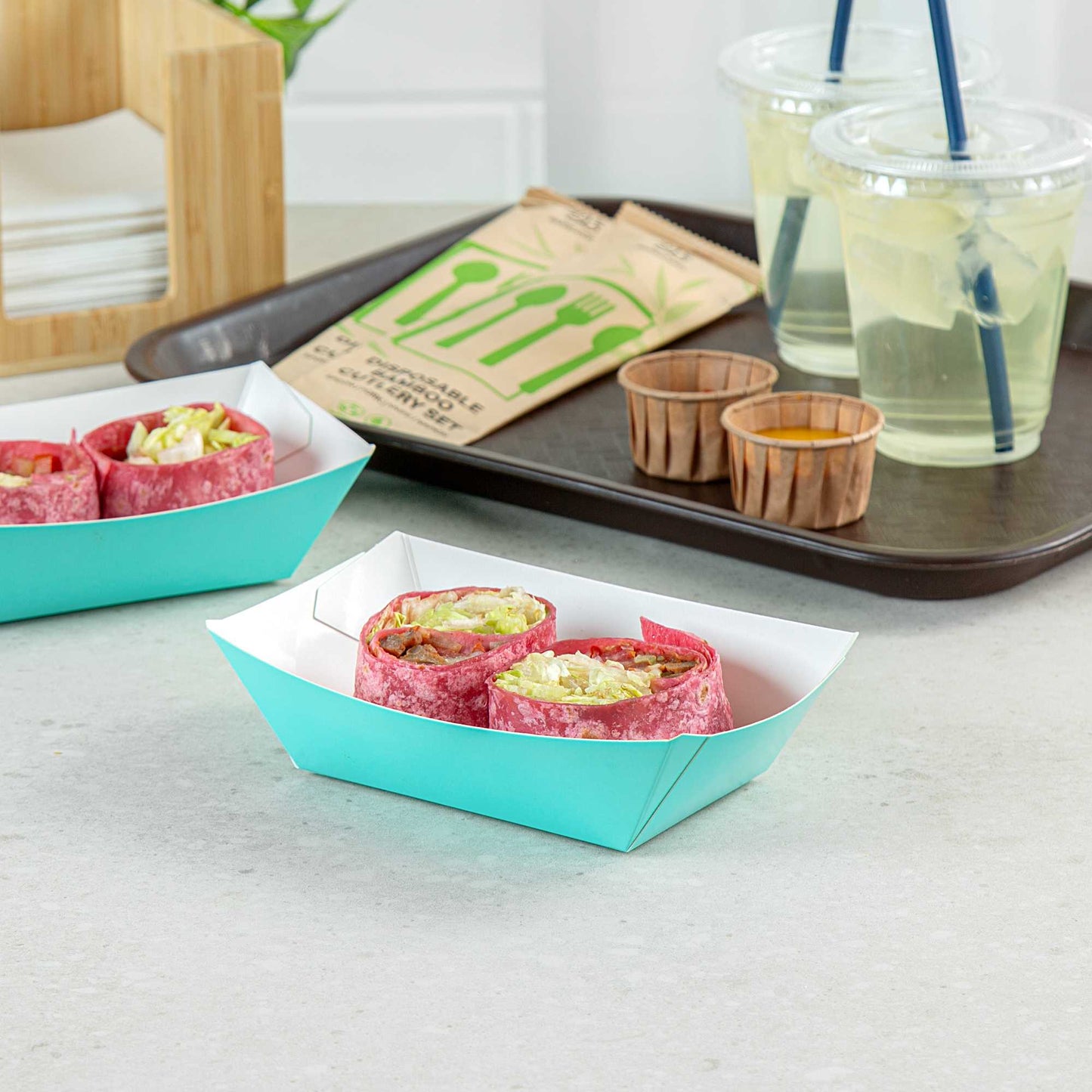 Bio Tek 1/2 lb Turquoise Paper #50 Food Tray / Boat - 4 1/4" x 2 3/4" x 1 1/2" - 50 count box