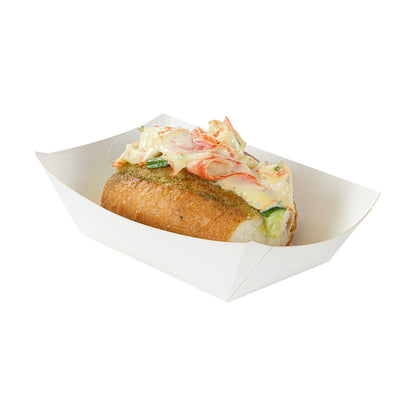 Bio Tek 1/2 lb White Paper #50 Food Tray / Boat - 4 1/4" x 2 3/4" x 1 1/2" - 50 count box