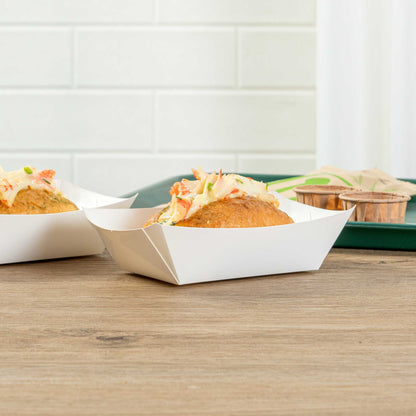 Bio Tek 1/2 lb White Paper #50 Food Tray / Boat - 4 1/4" x 2 3/4" x 1 1/2" - 400 count box