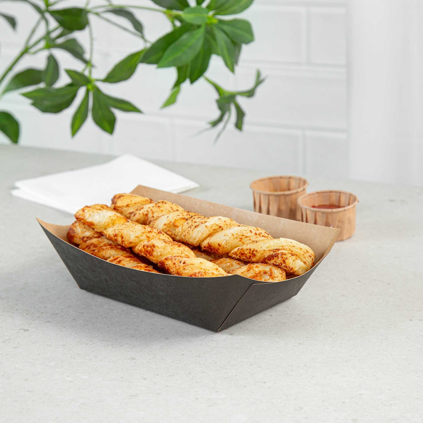 Bio Tek 1 lb Black Paper #100 Food Tray / Boat - 5 1/2" x 3 1/2" x 2" - 50 count box
