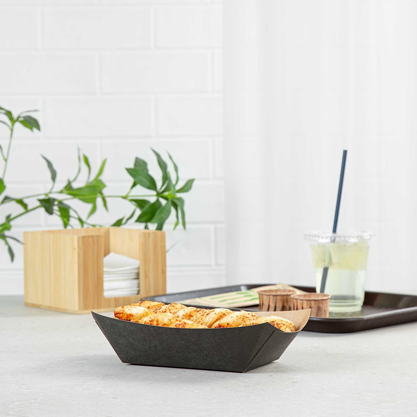 Bio Tek 1 lb Black Paper #100 Food Tray / Boat - 5 1/2" x 3 1/2" x 2" - 50 count box