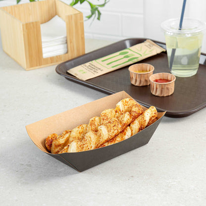 Bio Tek 1 lb Black Paper #100 Food Tray / Boat - 5 1/2" x 3 1/2" x 2" - 50 count box