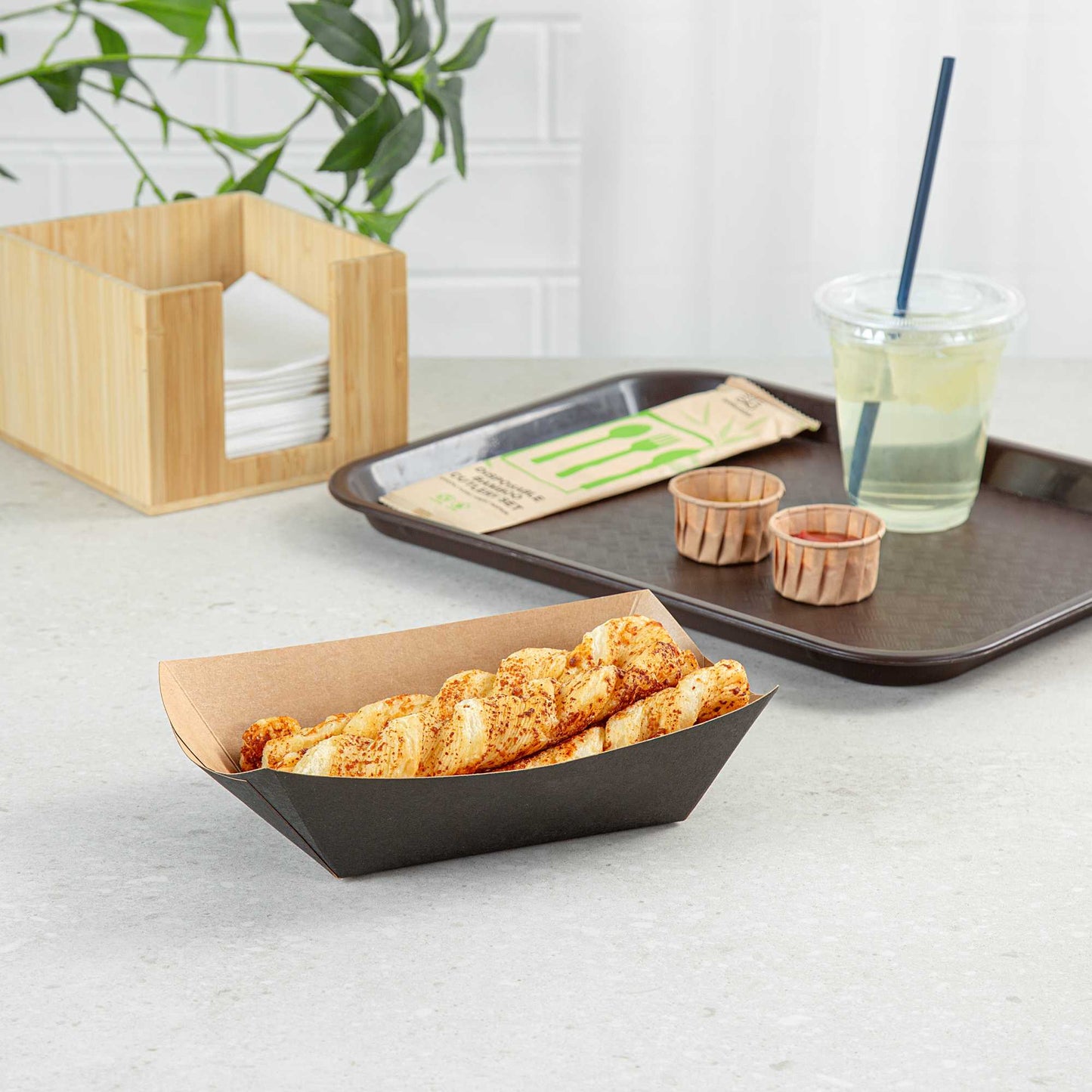Bio Tek 1 lb Black Paper #100 Food Tray / Boat - 5 1/2" x 3 1/2" x 2" - 200 count box