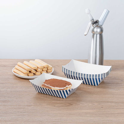 Bio Tek 1 lb Blue and White Stripe Paper #100 Food Tray / Boat - 5 1/2" x 3 1/2" x 2" - 200 count box