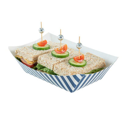 Bio Tek 1 lb Blue and White Stripe Paper #100 Food Tray / Boat - 5 1/2" x 3 1/2" x 2" - 50 count box