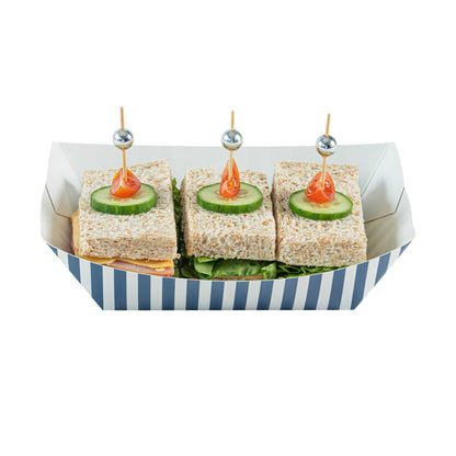 Bio Tek 1 lb Blue and White Stripe Paper #100 Food Tray / Boat - 5 1/2" x 3 1/2" x 2" - 50 count box