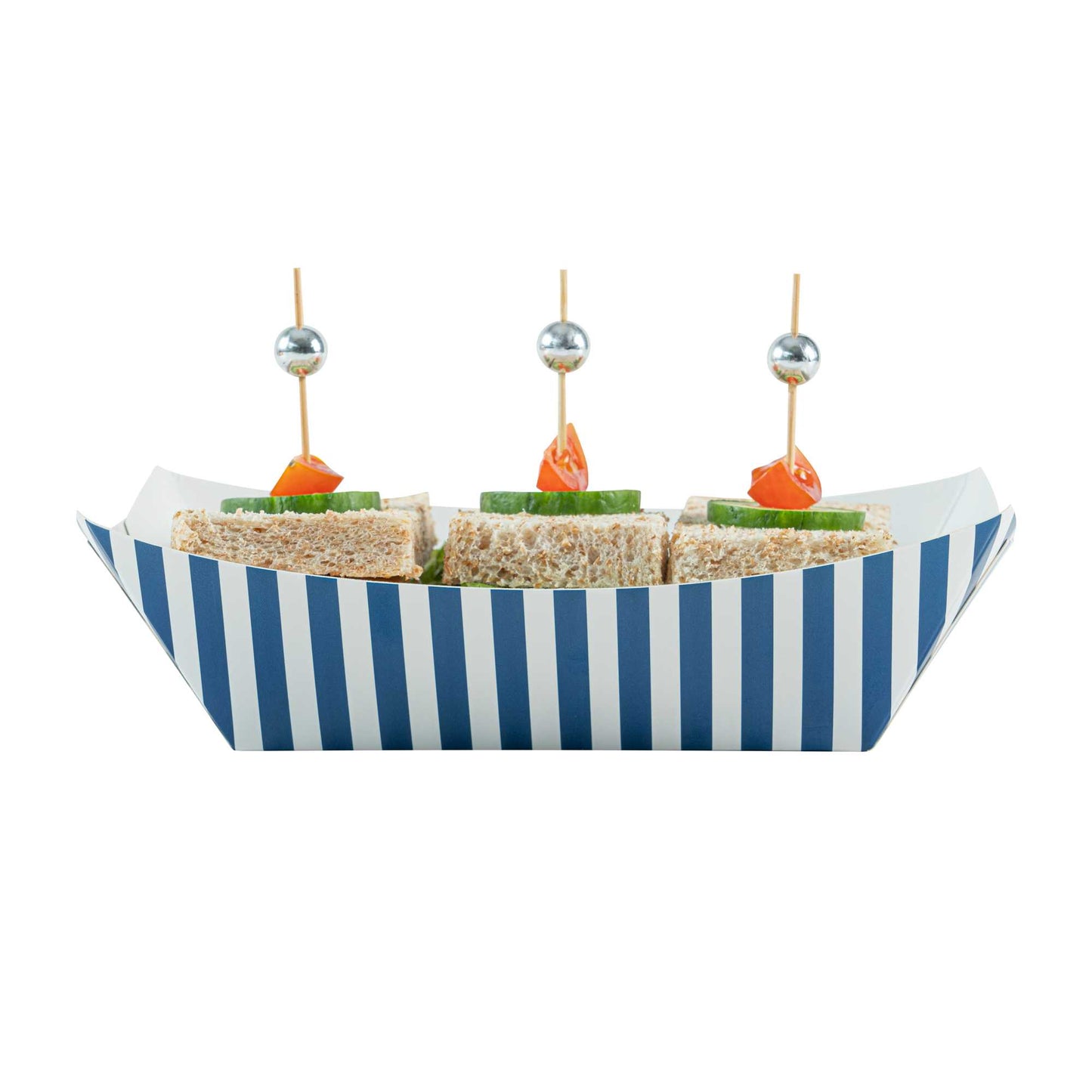Bio Tek 1 lb Blue and White Stripe Paper #100 Food Tray / Boat - 5 1/2" x 3 1/2" x 2" - 200 count box