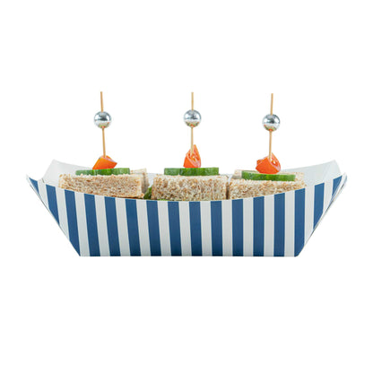Bio Tek 1 lb Blue and White Stripe Paper #100 Food Tray / Boat - 5 1/2" x 3 1/2" x 2" - 200 count box
