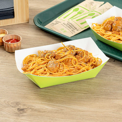 Bio Tek 1 lb Eco Green Paper #100 Food Tray / Boat - 5 1/2" x 3 1/2" x 2" - 50 count box