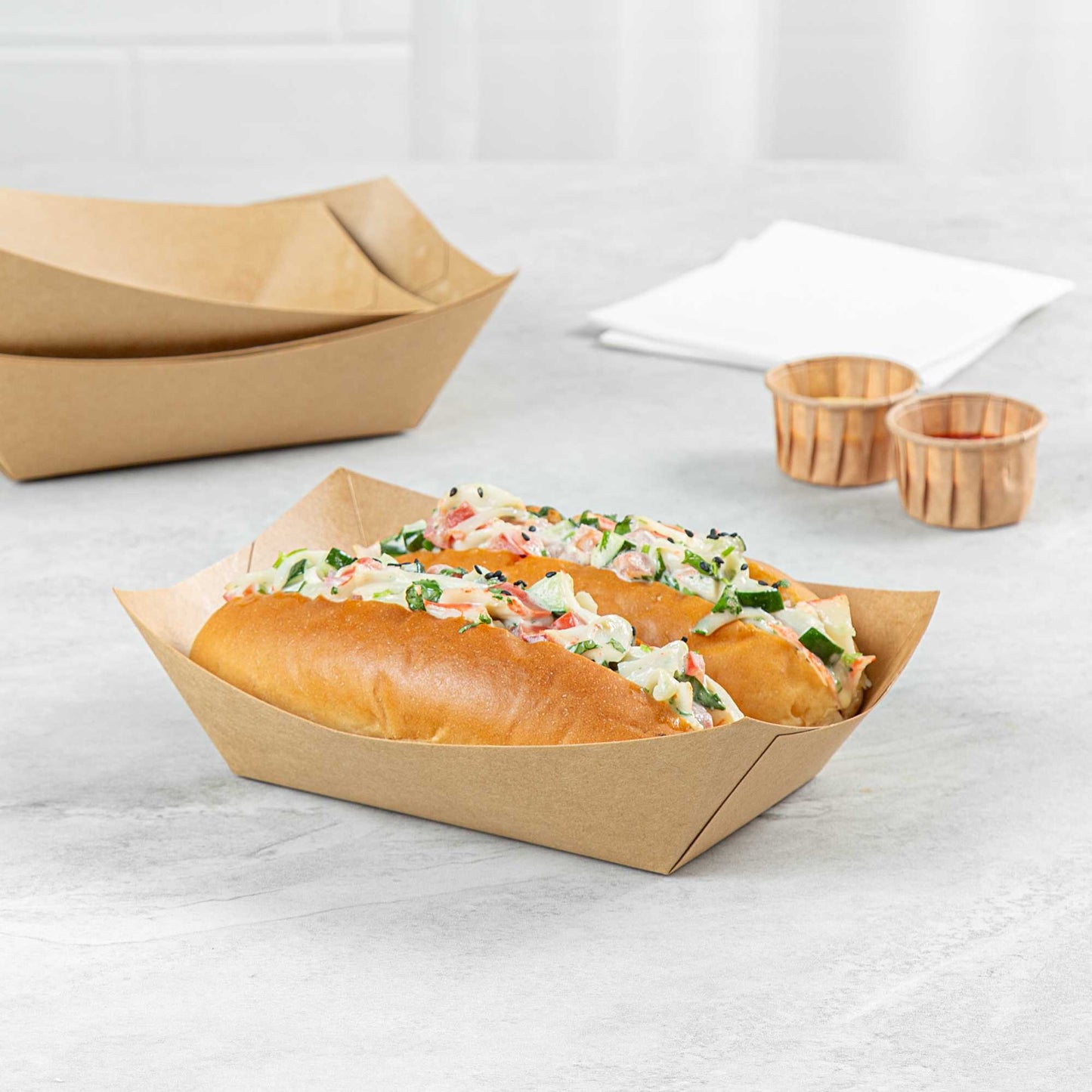 Bio Tek 1 lb Kraft Paper #100 Food Tray / Boat - 5 1/2" x 3 1/2" x 2" - 200 count box