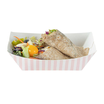 Bio Tek 1 lb Pink and White Stripe Paper #100 Food Tray / Boat - 5 1/2" x 3 1/2" x 2" - 50 count box