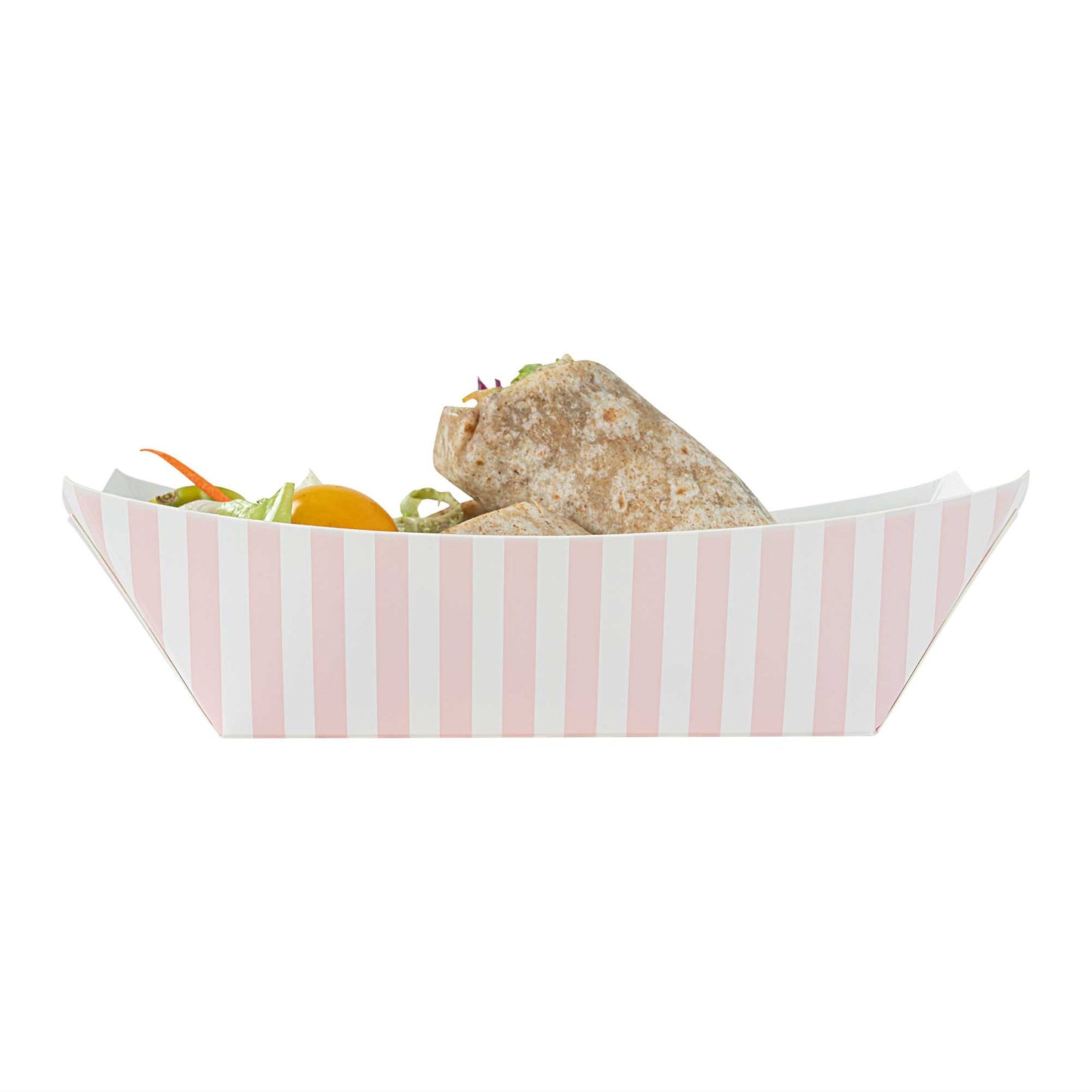 Bio Tek 1 lb Pink and White Stripe Paper #100 Food Tray / Boat - 5 1/2" x 3 1/2" x 2" - 50 count box
